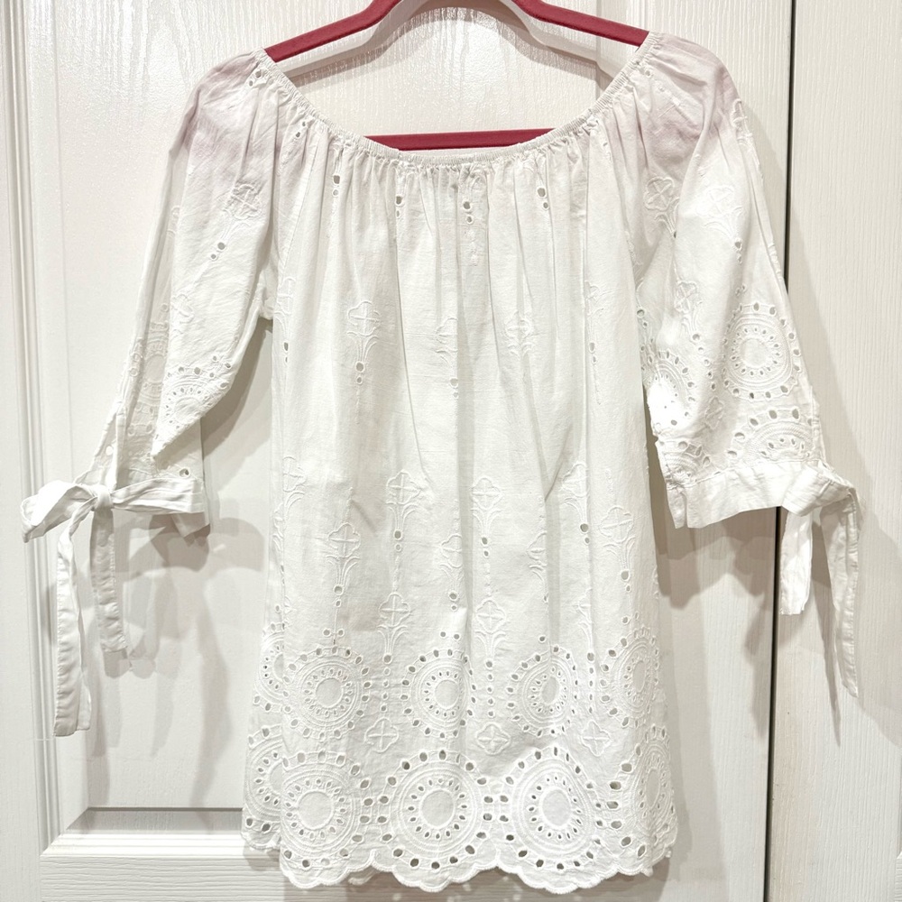 Valentina White Eyelet Off-Shoulder Bow Tie-Sleeve Tunic